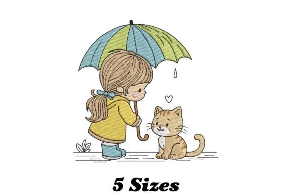 Cute Girl with Cats Embroidery